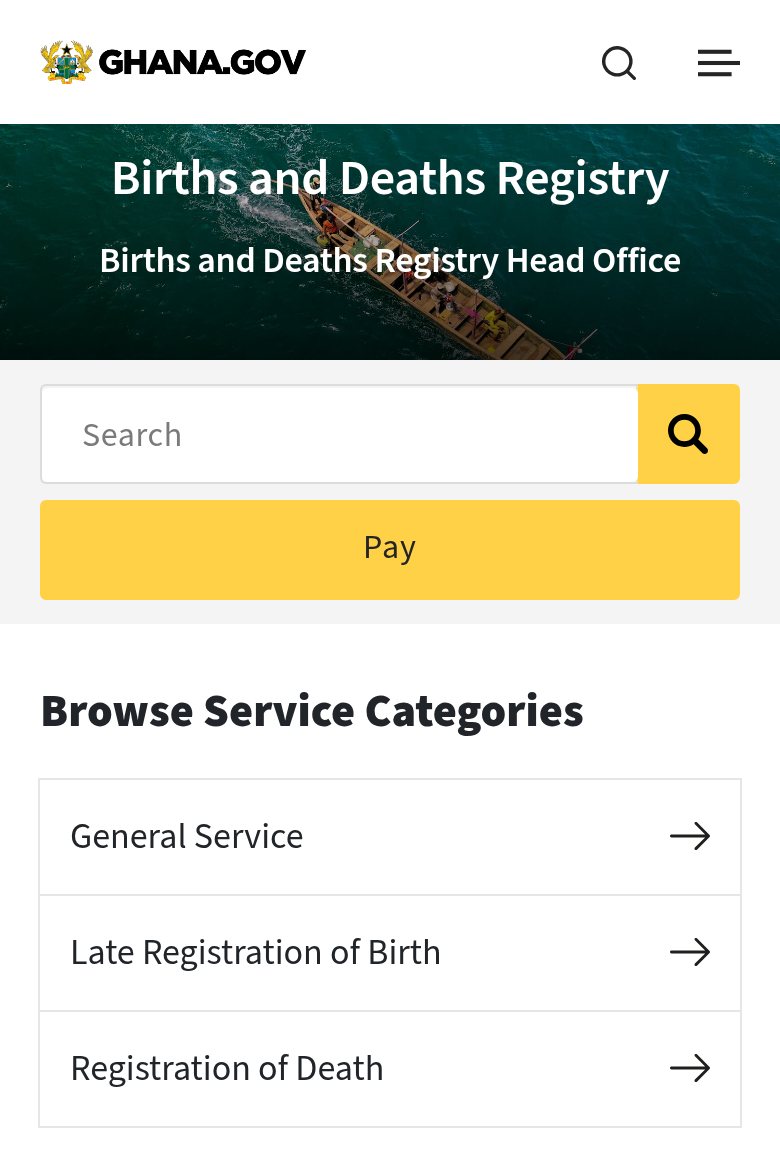 The official Births and Deaths Registry page on Ghana.gov