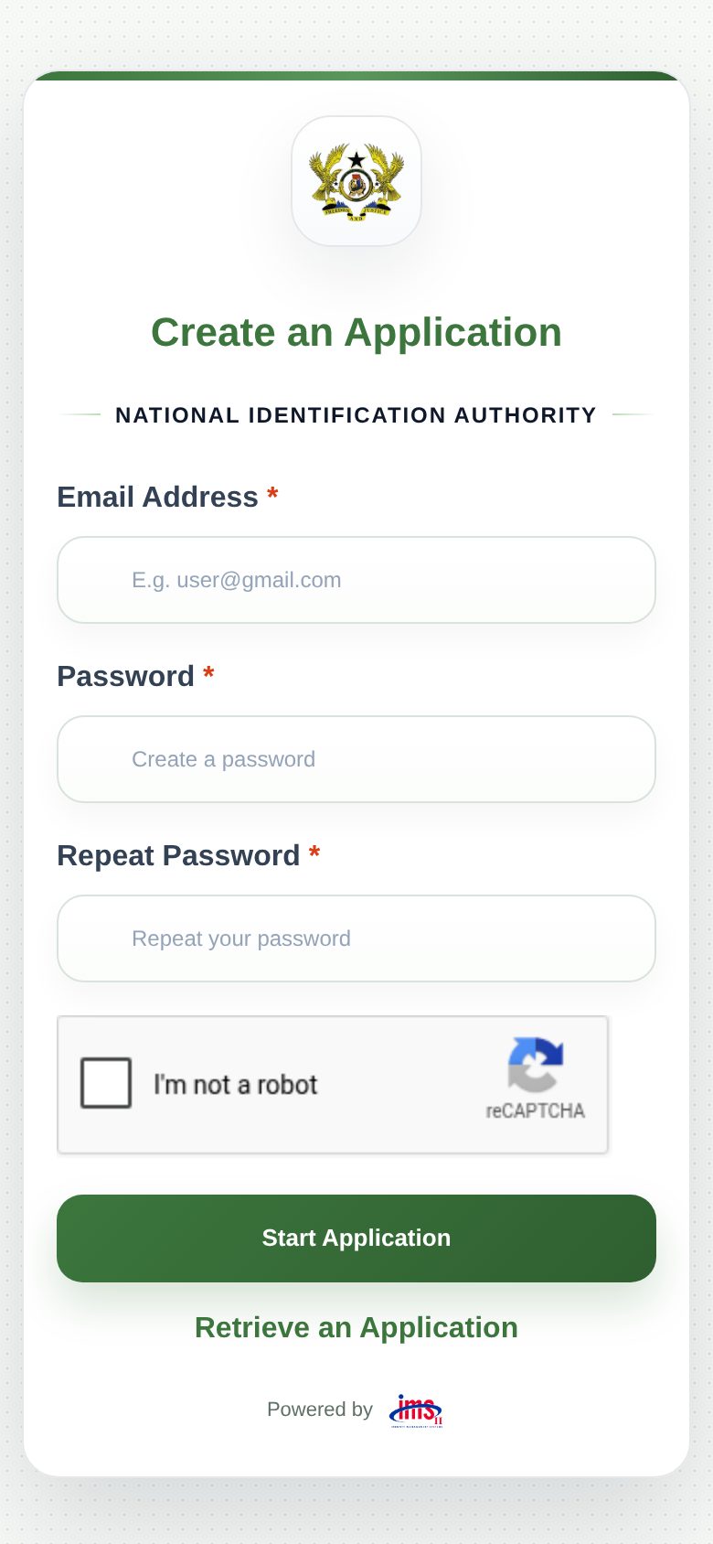 The official Create an Application page