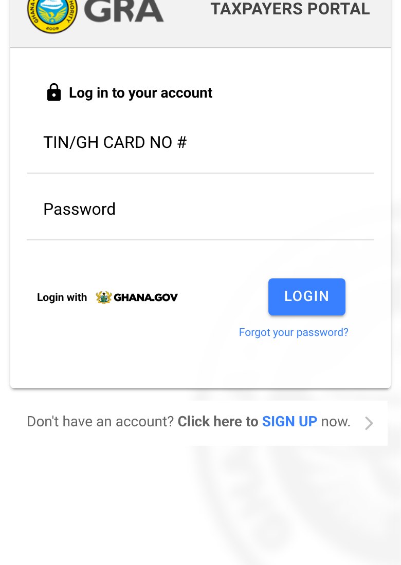 The official GRA Taxpayers Portal log-in page