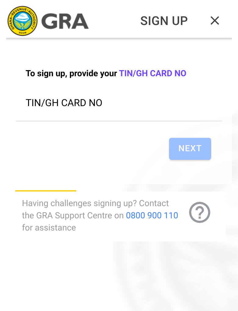 The official GRA Taxpayers Portal sign-up page