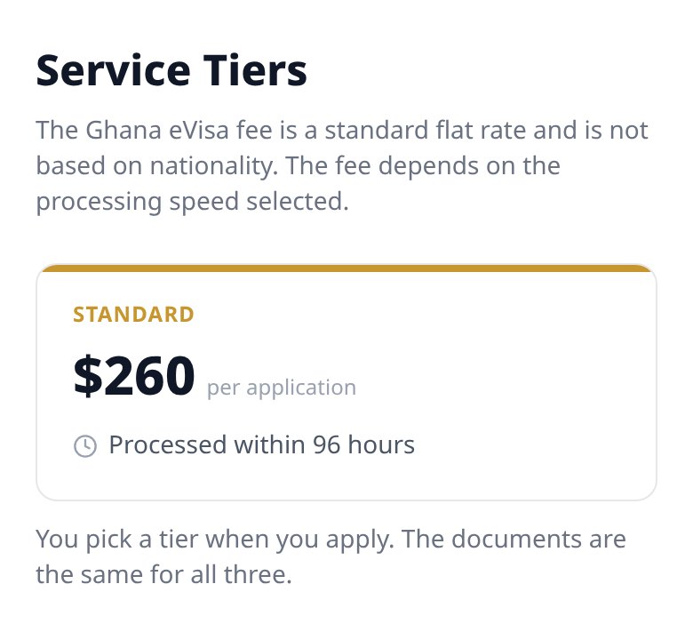 eVisa service tiers on the official Ghana eVisa portal